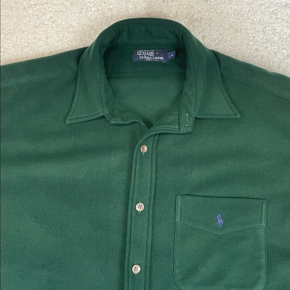 Polo Ralph Lauren Green Fleece Button Up Purple Pony Logo Mens Sz L - Picture 2 of 5
